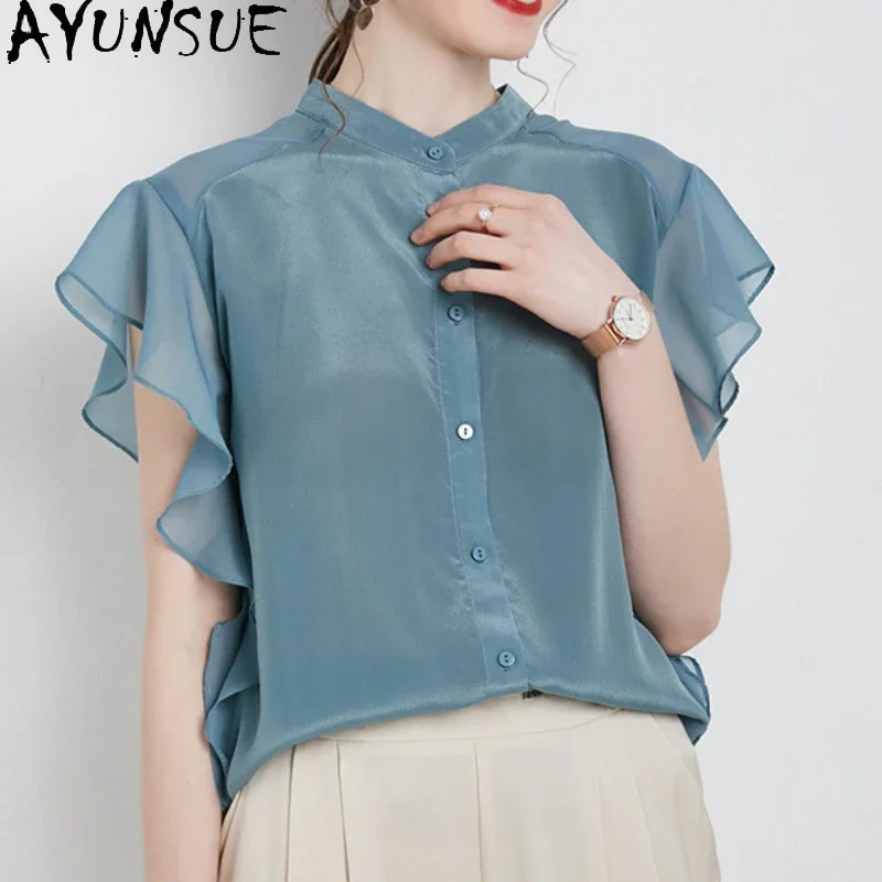 AYUNSUE Real Mulberry Silk Blouses Or Tops For Woman Clothes Summer Shirt Women Shirts High-end Elegant Blouses Haut Femme Sq770