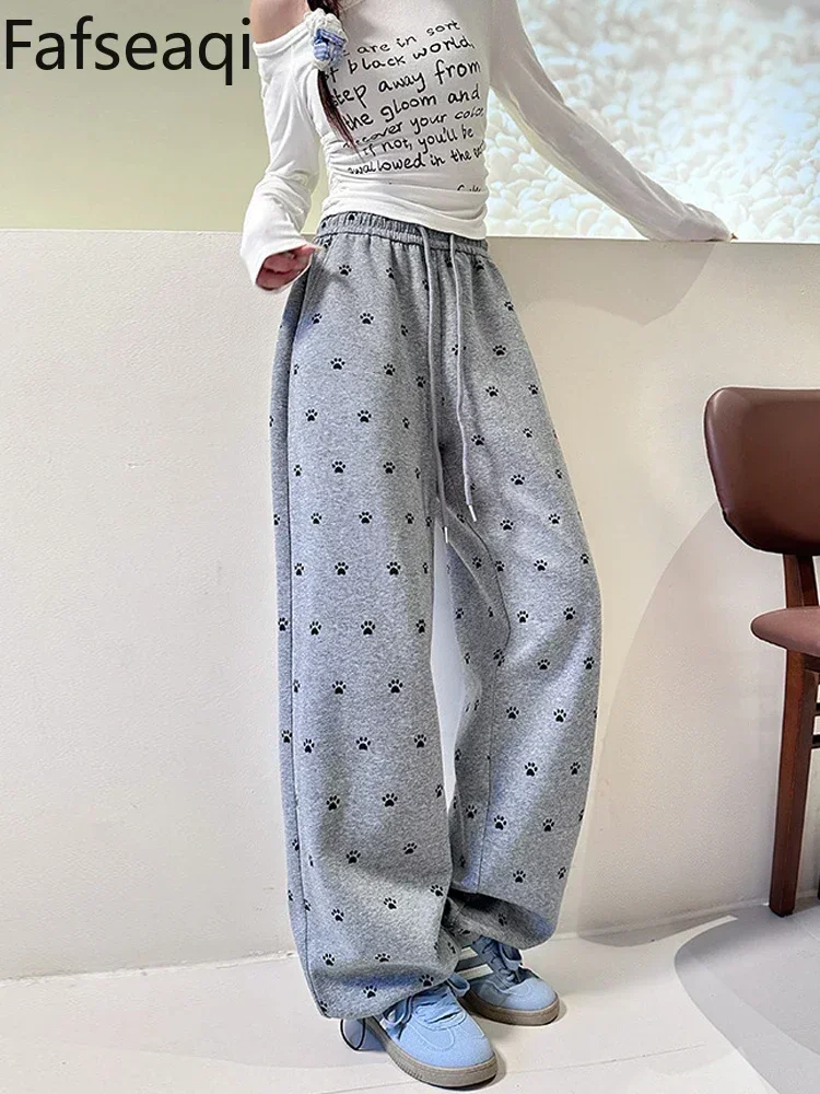 

Women's Wide Leg Pants with Dog Paw Print 2024 Autumn High Wasit Bound Feet Thick Straight Trousers Bsiac Baggy Pants Sweatpants