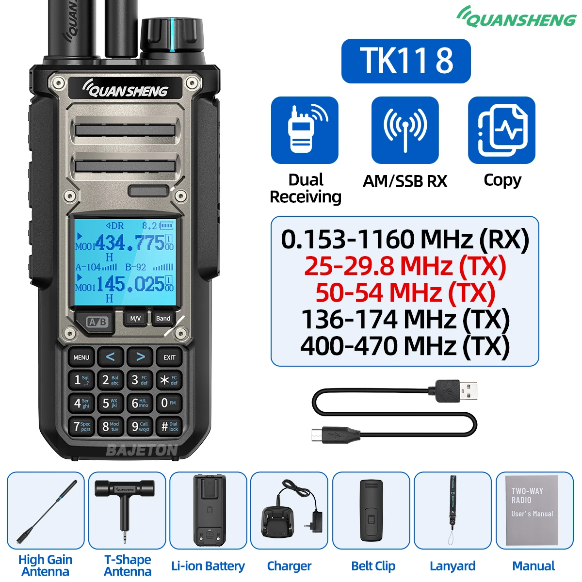 Quansheng TK11 8 Walkie Talkie Ham Radio 10W Dual Ontvangst PTT 27MHz CB CW LSB LW MW SW Type-C Oplader NOAA voor UV-K5 8 TK-11 5