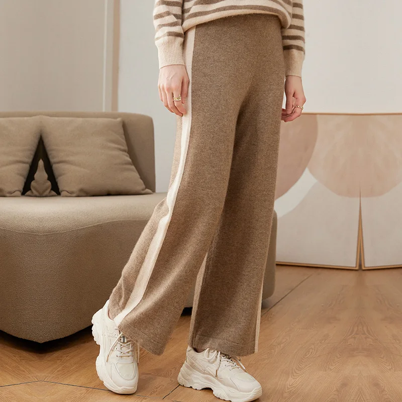 

2023 autumn and winter new cashmere pants women 100 pure cashmere knitted wide-leg pants fashion color matching warm high-waiste