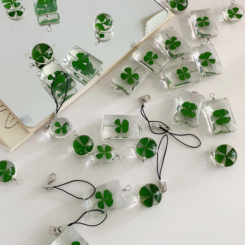 Green Lucky Four Leaf Clover Keychain Lucky Clover Phone Lanyard Glass Pendant Keyring Accessories Gifts