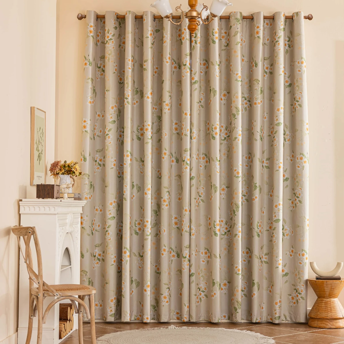 1 Piece of New Laminated Beige Background Curtain with Small Floral Print, 100% Blackout Fabric for Home Use, Blackout and Heat-Insulating Thickened Curtain, Decorative Rod-Pole Curtains for Living Room, Bedroom, and Study