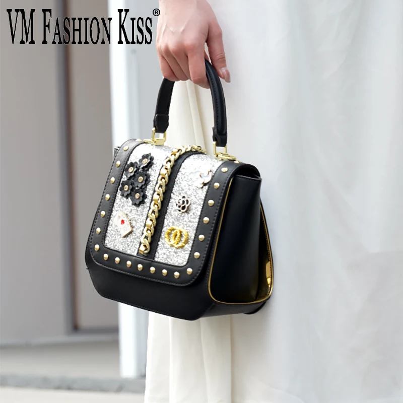 VM FASHION KISS High Quality Sequin Handbag PU Material Shoulder Bag Luxury Designer Women Chains Crossbody Bag Bolsas Femininas