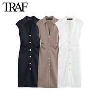 TRAF Dress for Women Fashion Summer New Fold Sleeveless V-neck Single Breasted Midi Dresses French Chic Female Evening Clothing