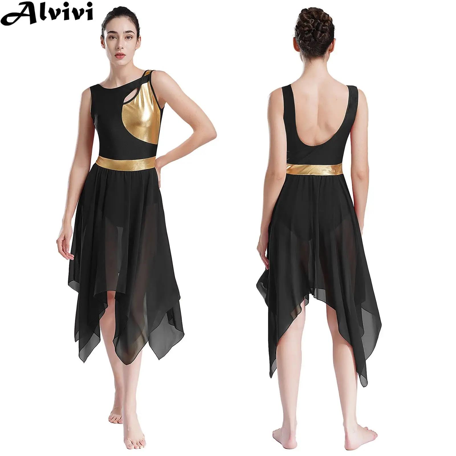 

Women Modern Lyrical Dance Dress Sleeveless Asymmetrical Hem Dresses for Church Choir Worship Ballroom Dancing Waltz Performance