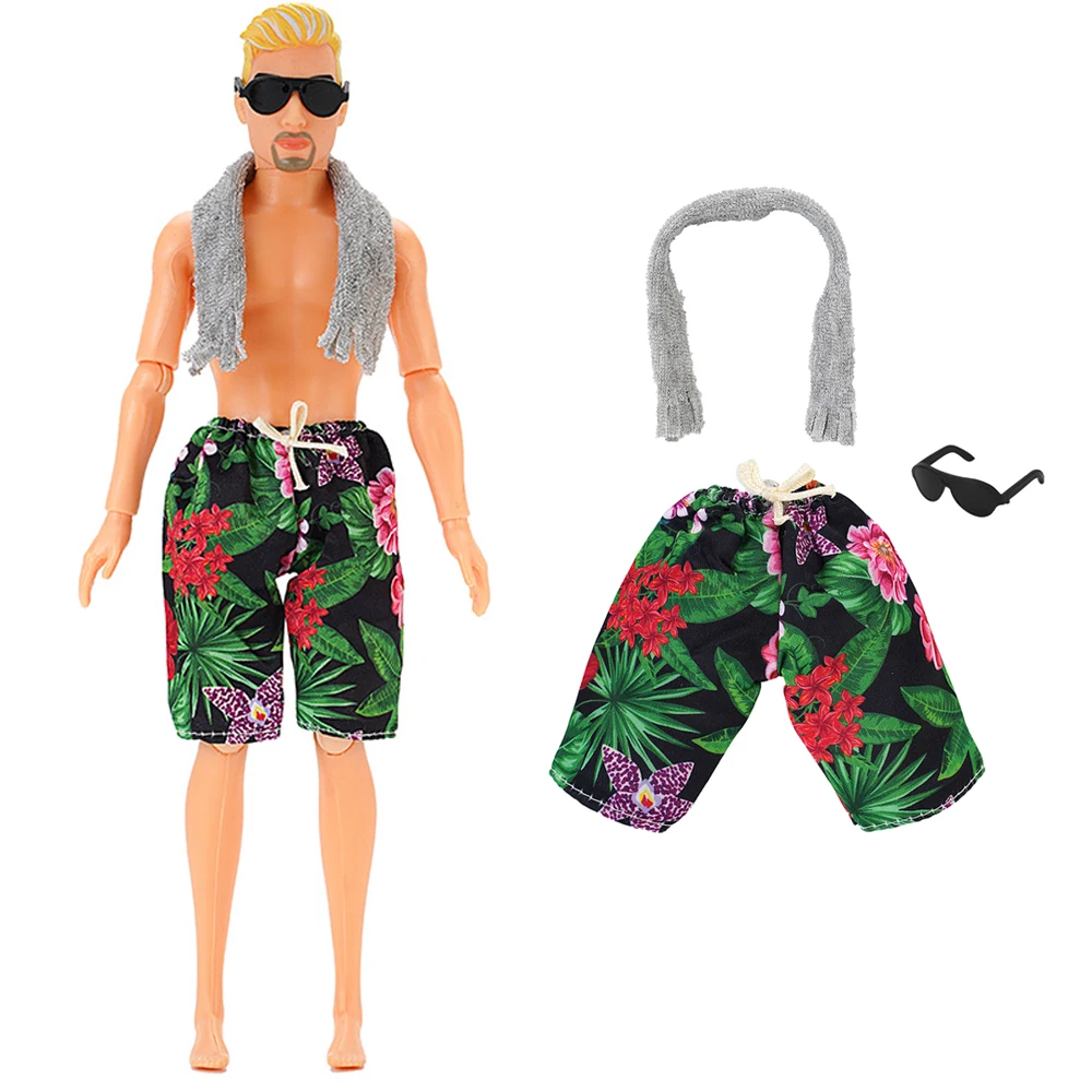 1 Set Doll Clothes For Barbie Boyfriend Ken Short Doll Accessories Boy Beach/pool party swimsuit: pants+gray scarf+sunglasses