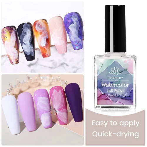 BORN PRETTY-esmalte de uñas blanco con tinta de acuarela, efecto floreciente, diseño artístico de uñas, barniz artístico de uñas seco al aire Natural, manicura