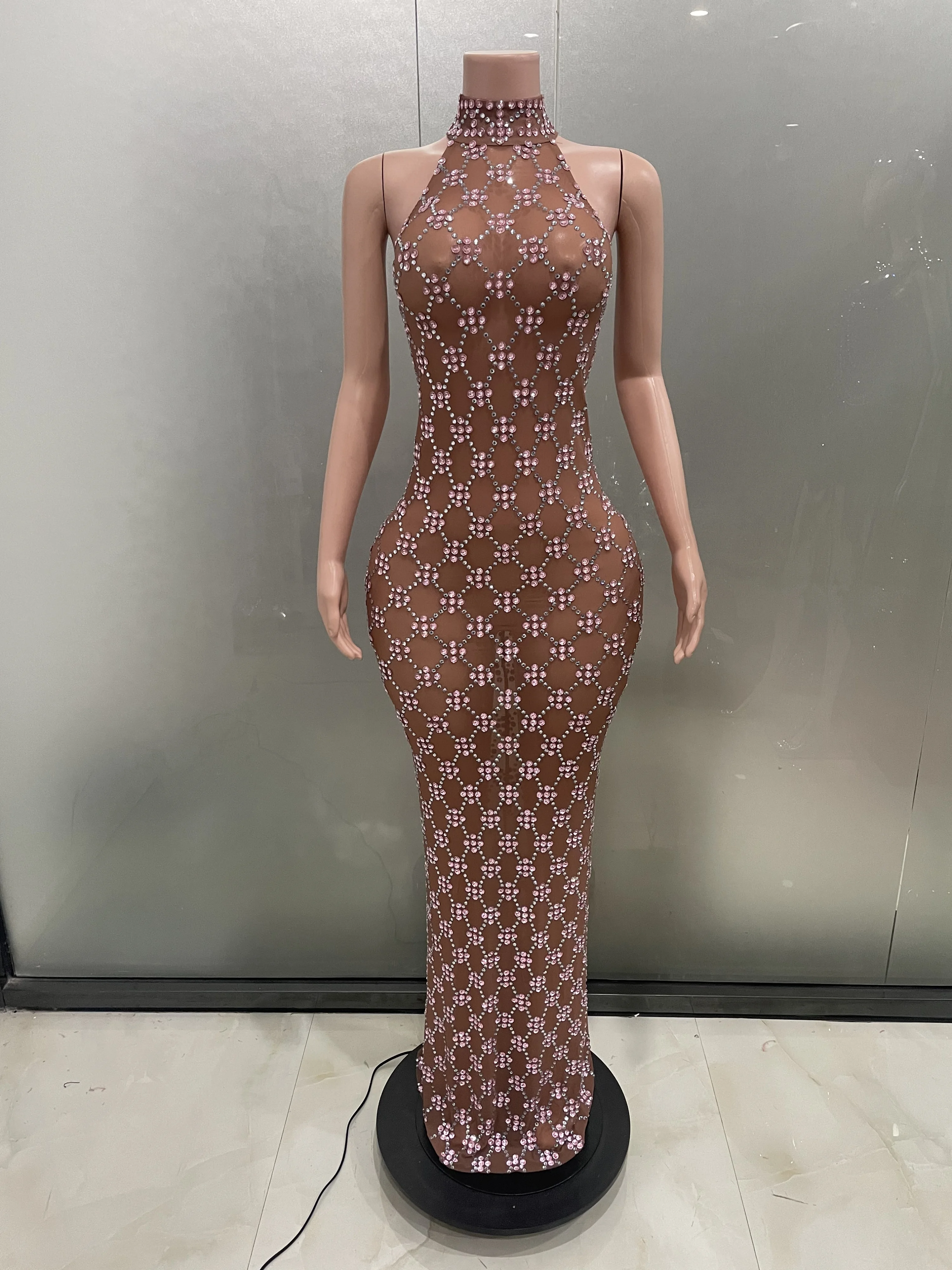 Flashing Rhinestones Mesh See Through Bodycon Long Dress Celebrate Birthday Party Photo Shoot Performance Costume Stage Wear