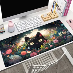 Black Cat Flowers Mouse Pad Desk Pad Large Gaming Mousepad Computer Game Mouse Mat Desk Mat Stitched Edges Non-Slip Rubber Base
