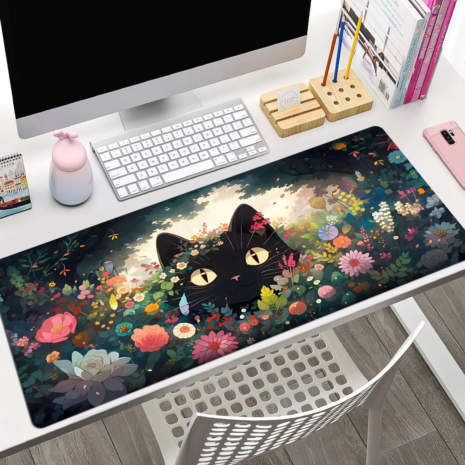 Black Cat Flowers Mouse Pad Desk Pad Large Gaming Mousepad Computer Game Mouse Mat Desk Mat Stitched Edges Non-Slip Rubber Base