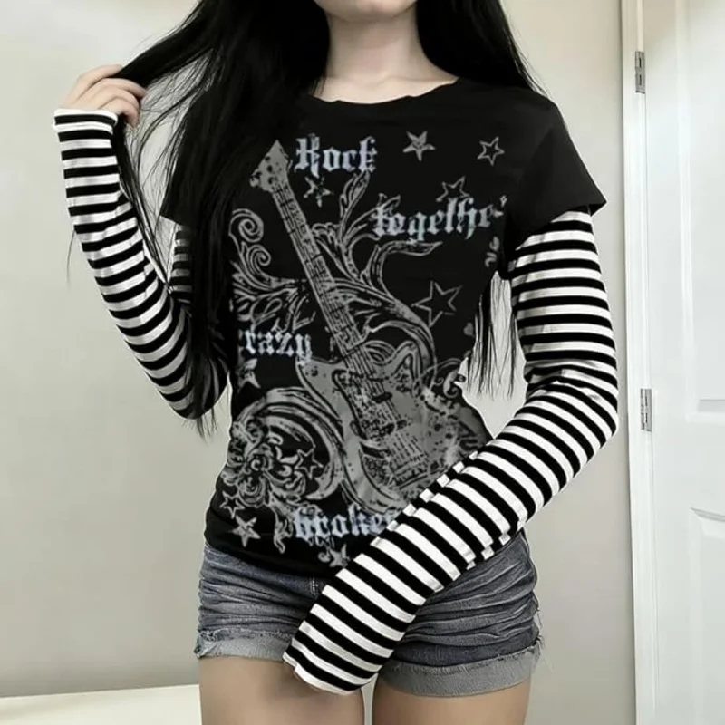 الأمريكية ثقافة فرعية الشرير تي شيرت مطبوع Harajuku مخطط المرقعة بلايز ريترو Y2K القوطية المحملة الهيب هوب هوتي وهمية قطعتين #3
