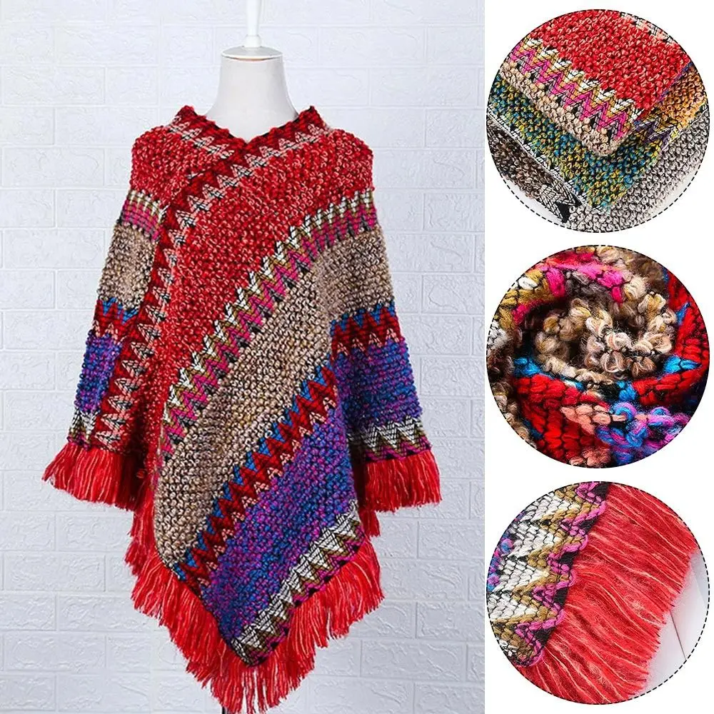 Soft Winter Warm Mongolian Poncho Striped Ethnic Style Pullover Tassel Shawl Polyester Knitted Cape Women Fashion