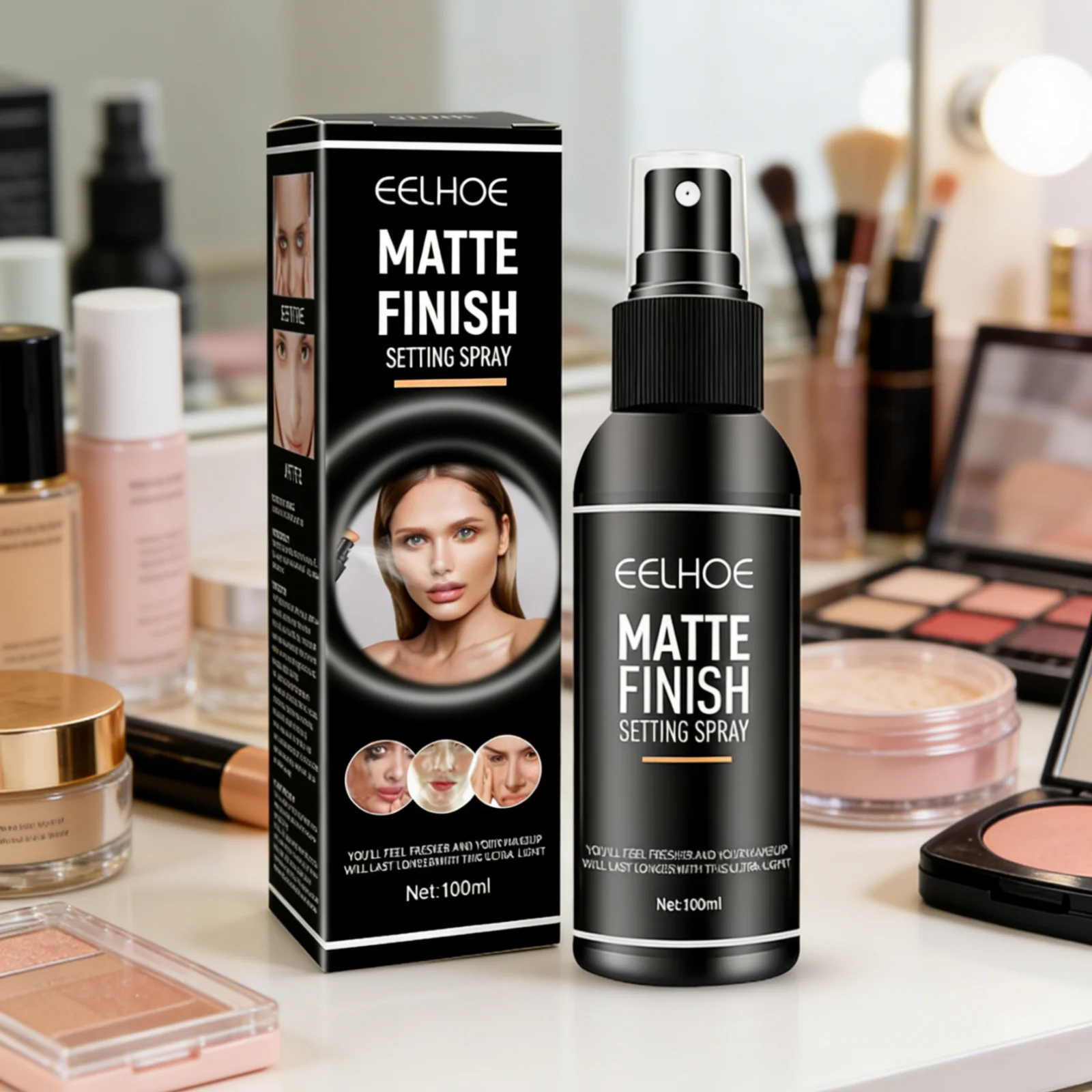 Spray Fijador de Maquillaje Eelhoe con Acabado Mate, Control de Grasa, Minimiza los Poros, Resistente al Agua, Formación Rápida de Película, Ligero, 100 ml