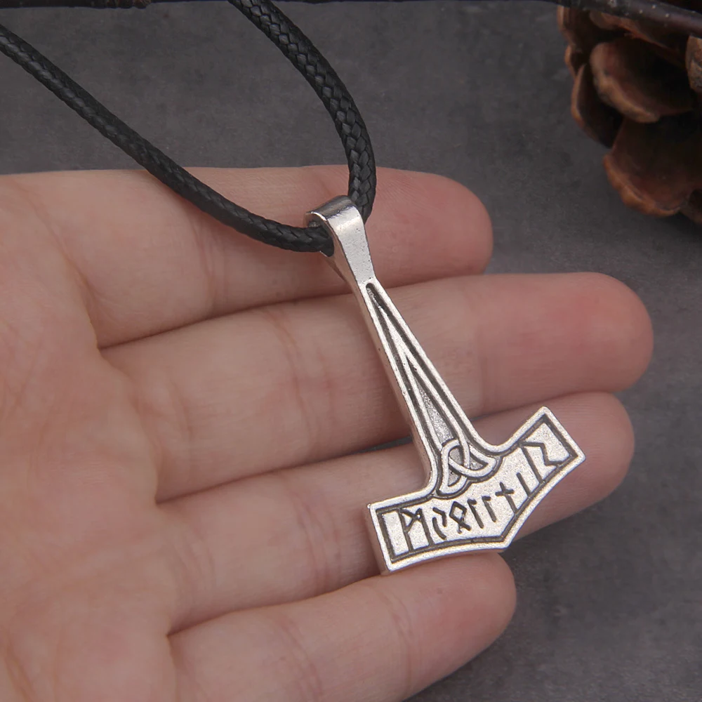 dropshiping Viking Jewelry antique silver color rune thor hammer pendant necklace with cotton necklace chain