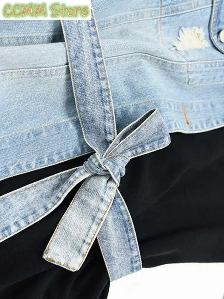 Loose Fit Denim Split Bandage Sweatshirt New Round Neck Long Sleeve Women Big Size Fashion Tide Spring Autumn