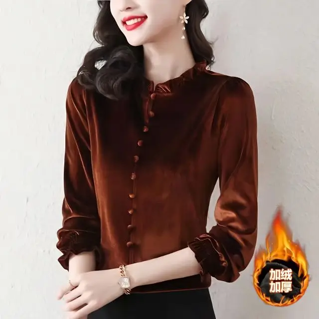 Thickened Gold Velvet Base Shirt for Women Autumn and Winter with Added Velvet Shirt Small Cover the Belly Noble and Stylish Top