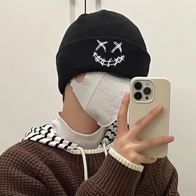 1PC Smile Beanie For Women Embroidery Slouchy Knit Beanie Hat Unisex Winter Hat Skull Cap Soft Stocking Hats