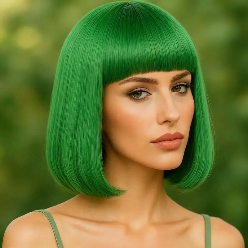 باروكة صناعية أنبوبية مستقيمة خضراء ناعمة مقاس 12 بوصة، مناسبة لحفلات الهالوين وعيد الفصح من الألياف المقاومة للحرارة للسيدات #3