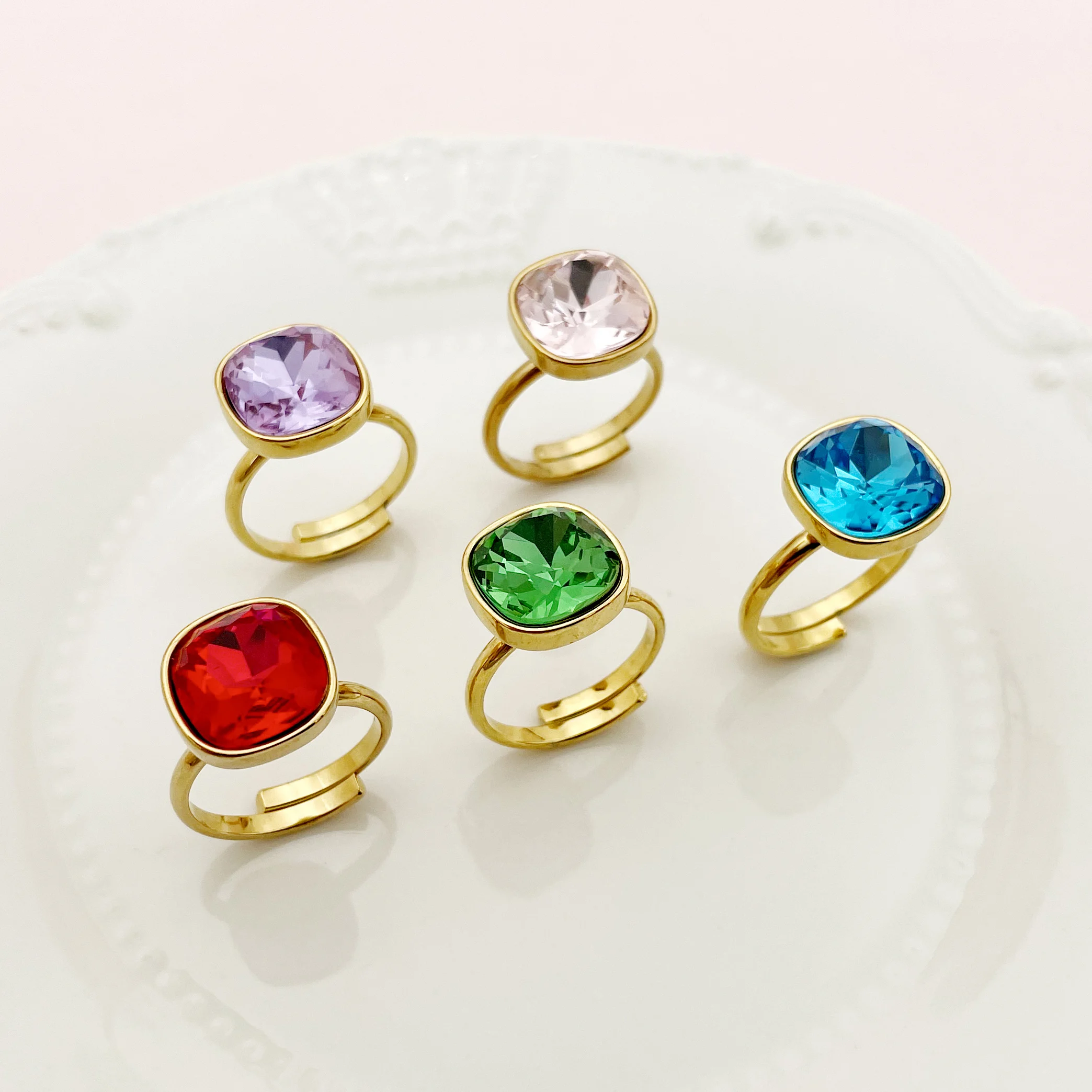 May@RZ Multicolor Zircon Cute Stainless Steel Open Ring For Men And Women's Jewelry Gift 14K Gold Plated Funny Finger Ring