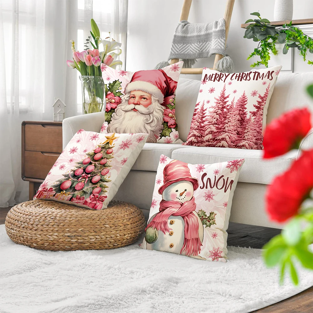 4PCS Pink Elk Christmas Throw Pillow Cover Linen Letter Print Holiday Decoration Living Room Sofa Cushion pillow case