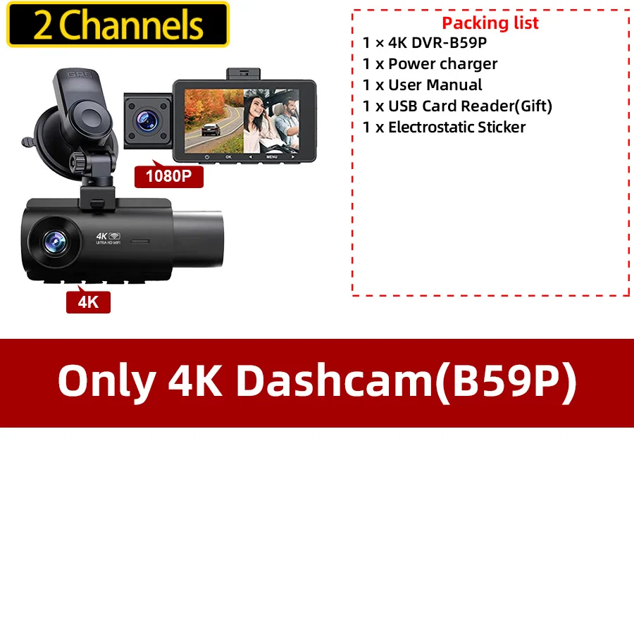 3 Channel Dash Cam 4K Front+1080P Interior Rear Car DVR Built-in GPS WiFi Night Vision 24H Parking Monitor Car Video Recorder