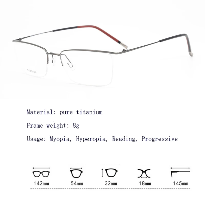 HDCRAFTER Ultra Light 8g Prescription Eyeglasses Frame Men Pure Titanium Myopia Reading Optical Semi Rimless Glasses Frames