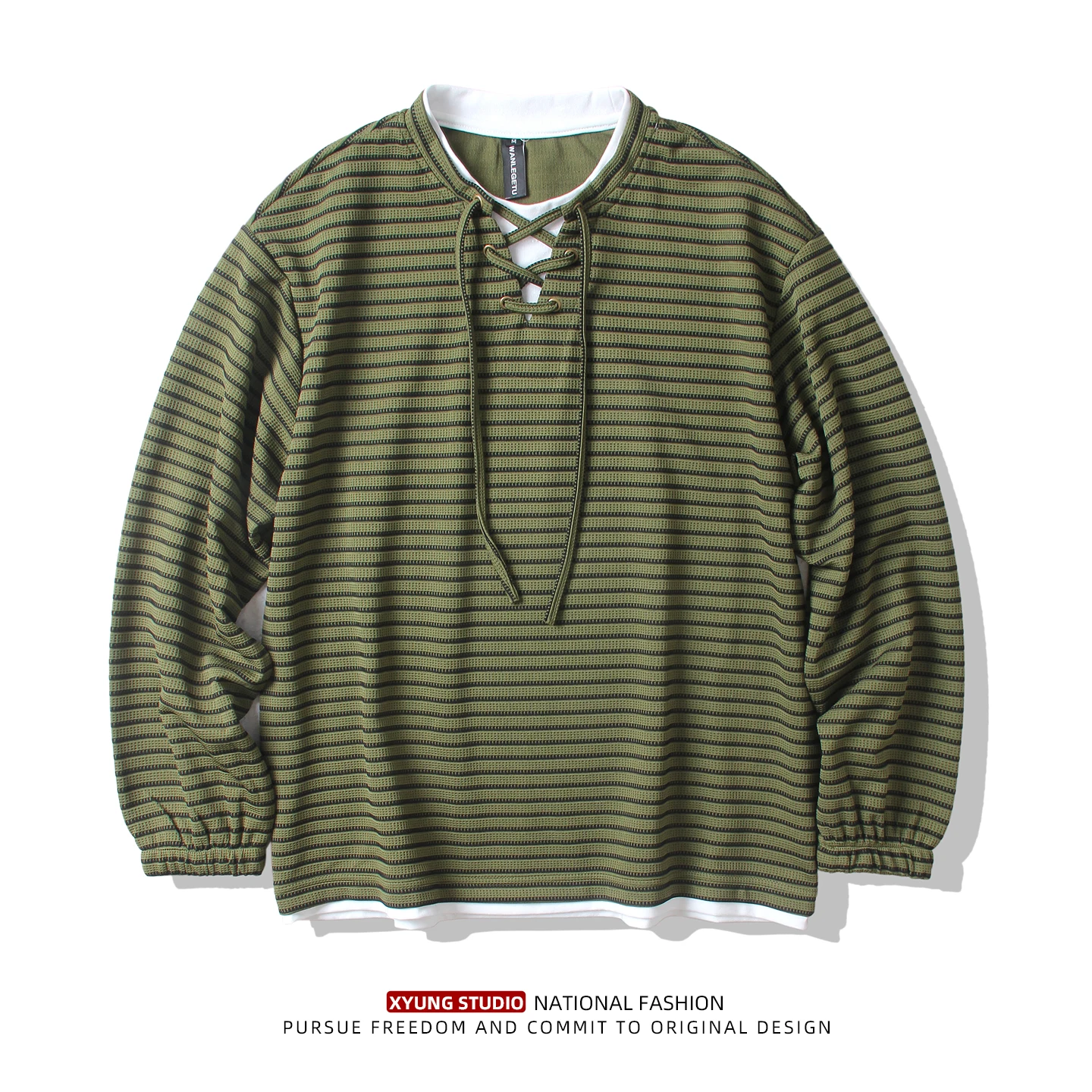 

Spring New round Ne Stripe Sweatirt Men's Loose Versatile Base irt Long Sve T-irt Rope Tie Outerwear Casual Sle