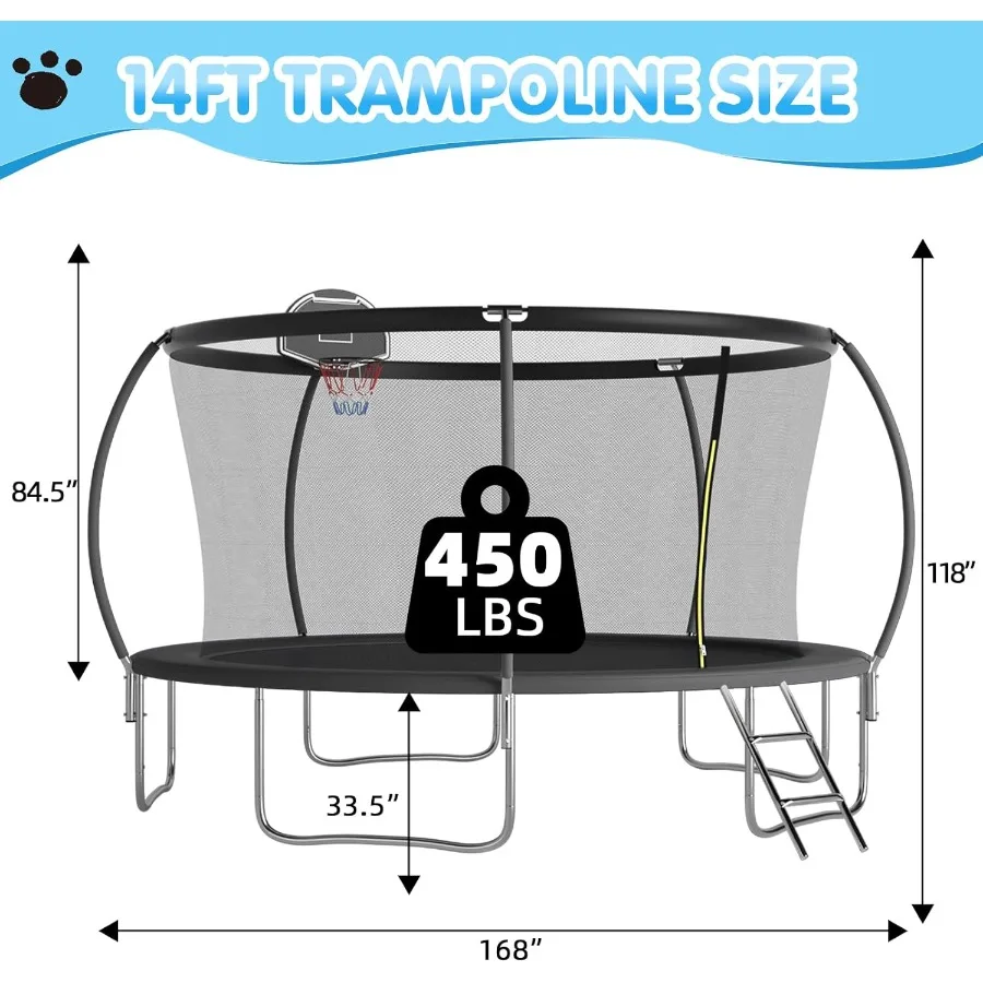 แทรมโพลีนกลางแจ้งขนาด 14 ฟุต 12 ฟุต 10 ฟุต 8 ฟุต สำหรับเด็กและผู้ใหญ่ พร้อมตาข่ายนิรภัย รับน้ำหนักได้สูงสุด 300-1000 ปอนด์ เหมาะสำหรับสนามหลังบ้าน