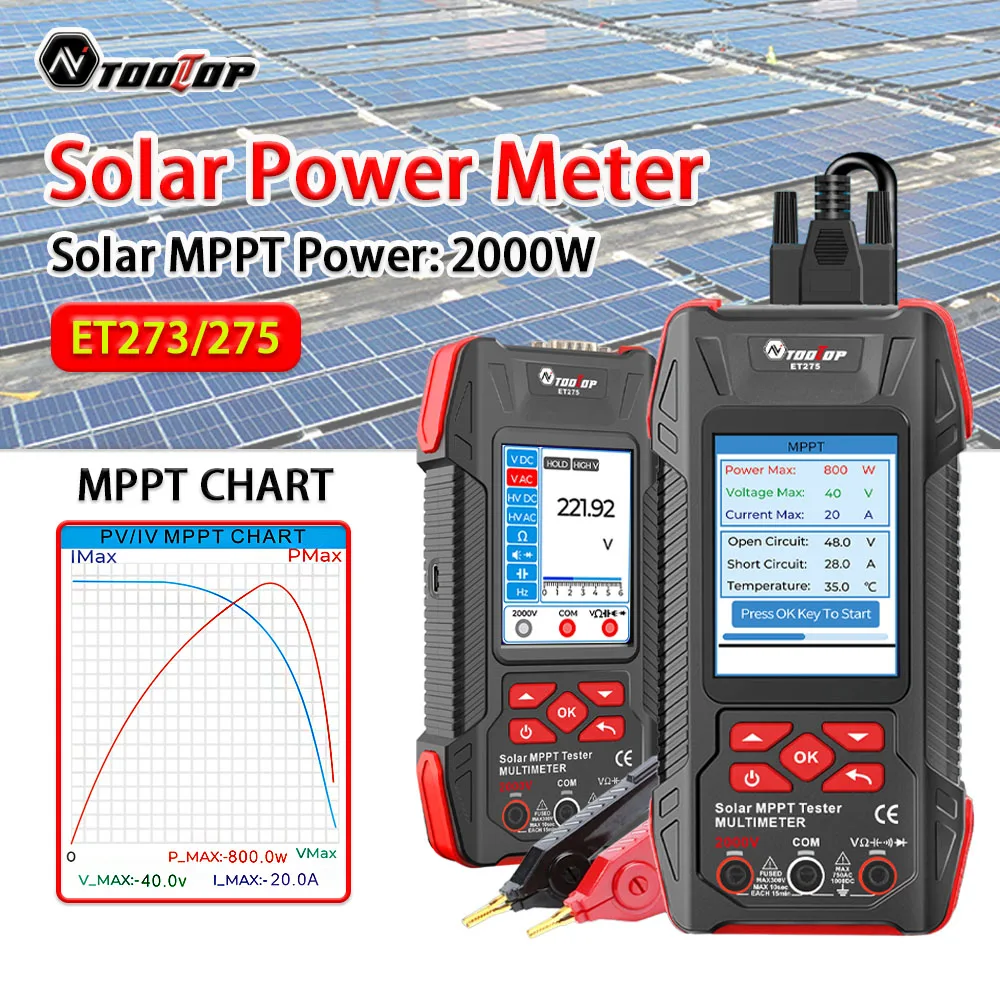 

TOOLTOP 2000W Solar MPPT Power Tester 3.2 Inches 2KV 60000 Counts Multimeter Photovoltaic Solar Power Meter Pmax Voc Isc Test