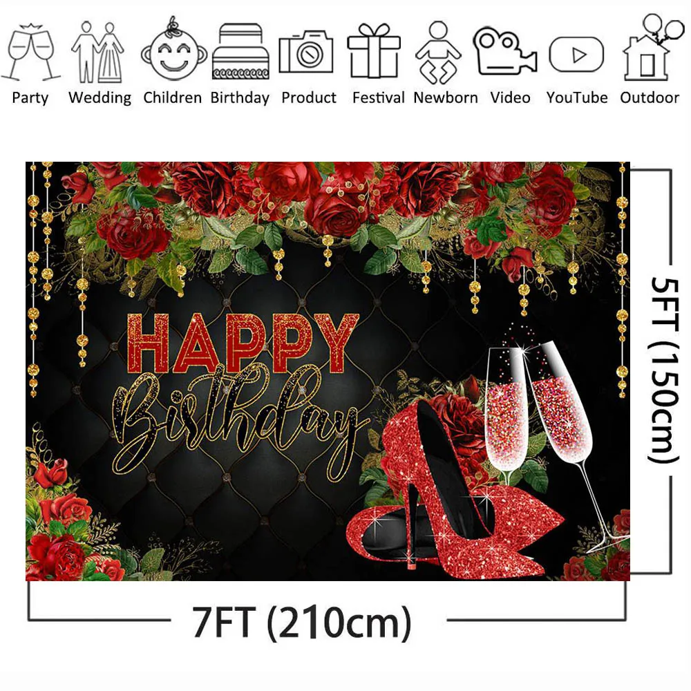 Mocsicka Chúc Mừng Sinh Nhật Phông Nền Chụp Ảnh Người Phụ Nữ Sinh Nhật Đỏ Hoa Hồng Cao Cấp Họ Trang Trí Tiệc Ảnh Nền Photocall
