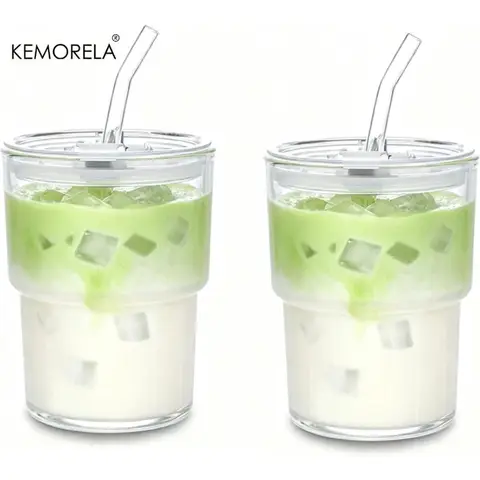 Tazza di vetro a parete spessa con cannuccia, bicchiere da 1/2 pezzi con coperchio a prova di perdite 420ML per caffè freddo, succo, latte, tè, tazze da cola, set di bicchieri