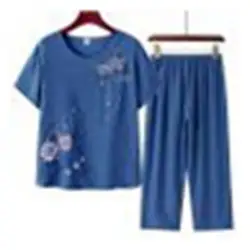 Middle-aged and elderly women's short-sleeved t-shirt mother suit loose large size cotton linen two-piece suit