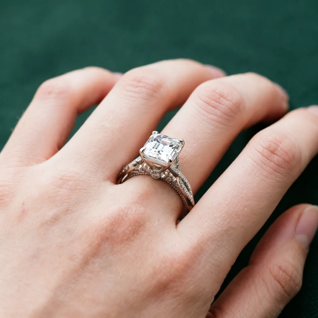 CxsJeremy 14K White Gold 8*10mm 4CT Emerald Cut Moissanite Engagement Milgrain Ring Luxury Anniversary Wedding Band For Women