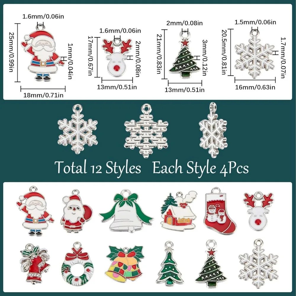 48 ชิ้นเงินเคลือบคริสต์มาส Charms คริสต์มาส Charm Xmas Tree Snowflake Charm ถุงเท้า Bell Snow Charm สําหรับเครื่องประดับทํา