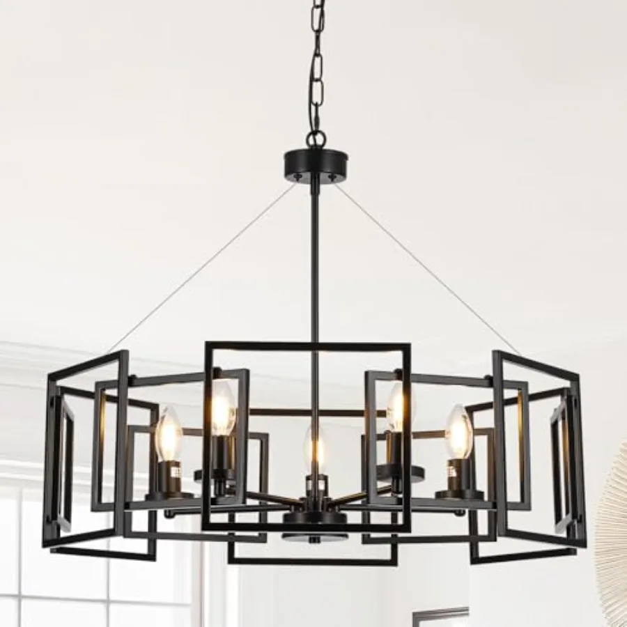 

5-Light Black Geometric Chandelier, Height Adjustable Industrial Fixture for Dining Room, Modern Farmhouse Light over Table, Be