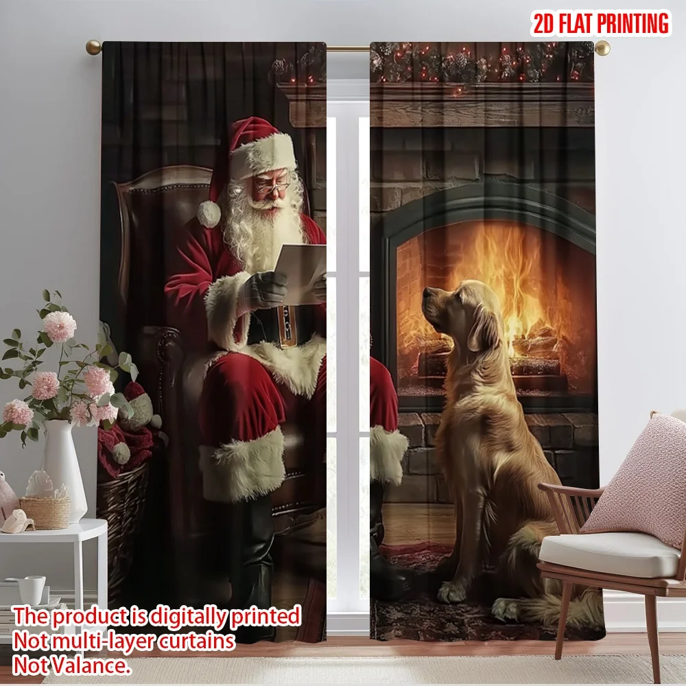 2pcs,2D plane printing Creative Curtains Santa Dog Fireplace Christmas Versatile Durable Polyester (without rod) Room Decor