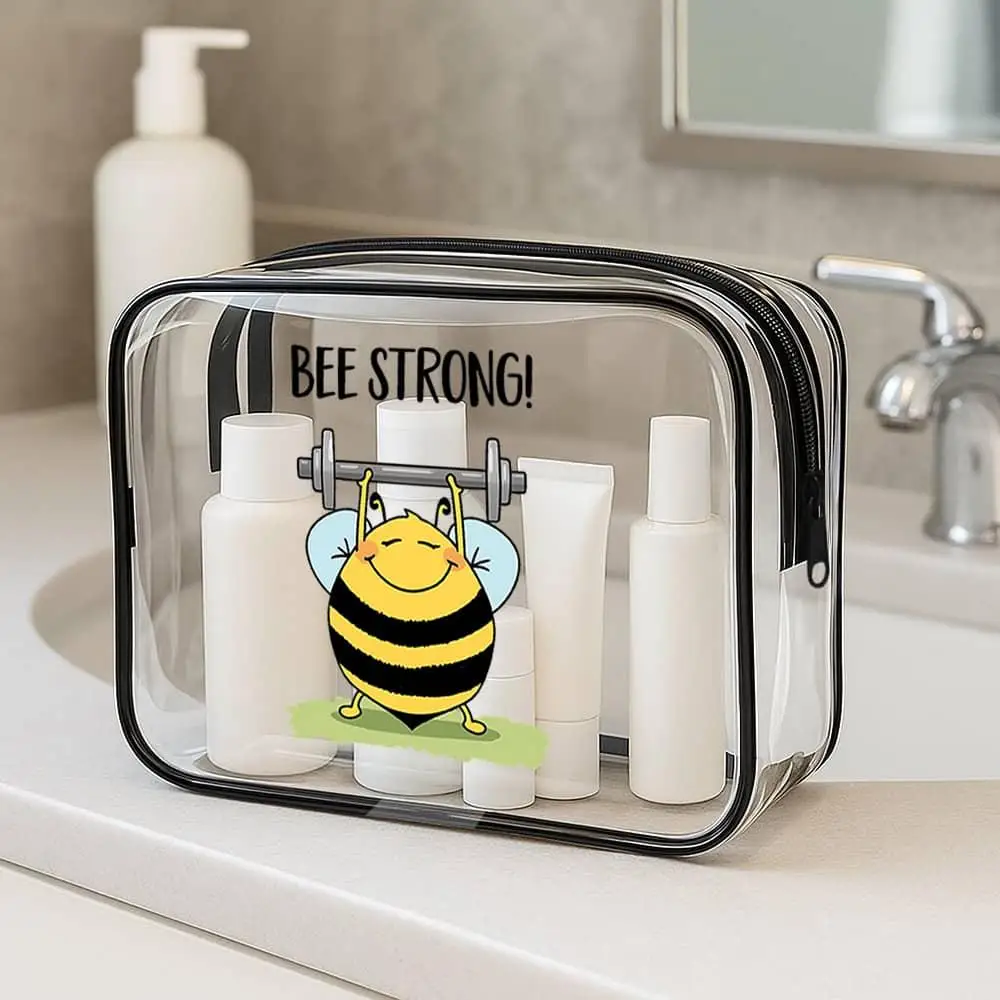 

Stay Strong! Illustration - Cartoon Bee Exercising with Weights, Great for Fitness And Travel - Compact Makeup Pouch, Weekend Ba