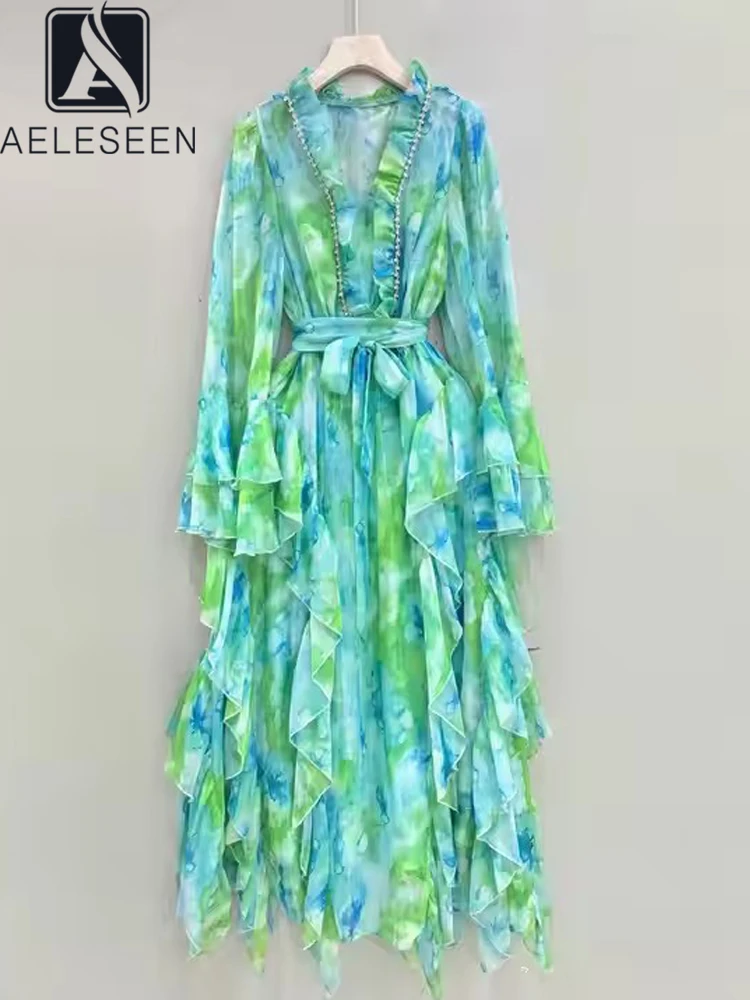 

AELESEEN 2025 Spring Summer Midi Dress Women New V-Neck Green Vintage Floral Printed Layers Ruffles Beading Irregular Party