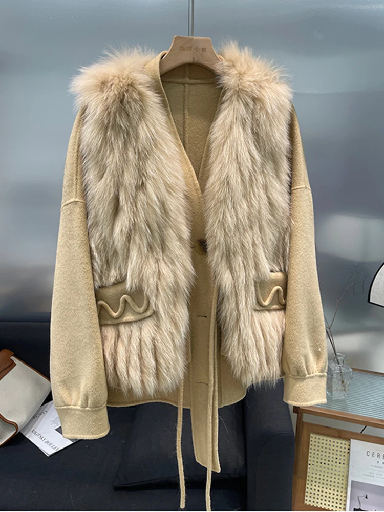 2023 Fashion Winter Fur Coat Real Natural Fox Fur Vest Ladies Cashmere Wool Woolen Women Luxury Jacket Outwear Female Coat