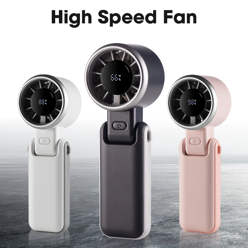 Mini ventilador portátil dobrável para pendurar no pescoço, display LED recarregável de 5 velocidades, ventilador portátil 3 em 1 para viagens e praia