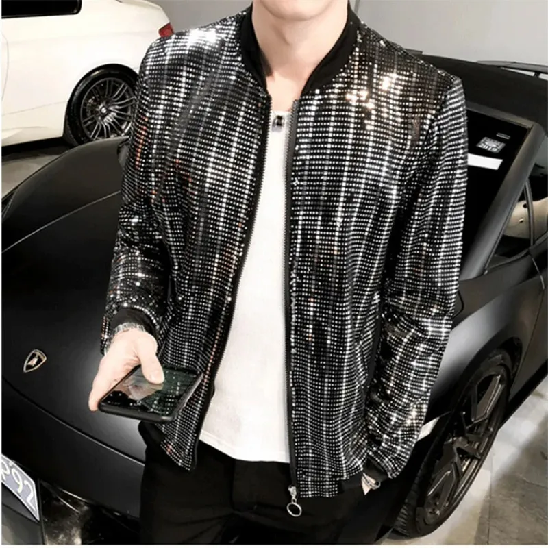 Y2K Spring New Sequined Bomber Jacket Men Long Sleeve Glitter Zip Up Thin Coat Hip Hop Loose Night Club Streetwear Coat Techwear