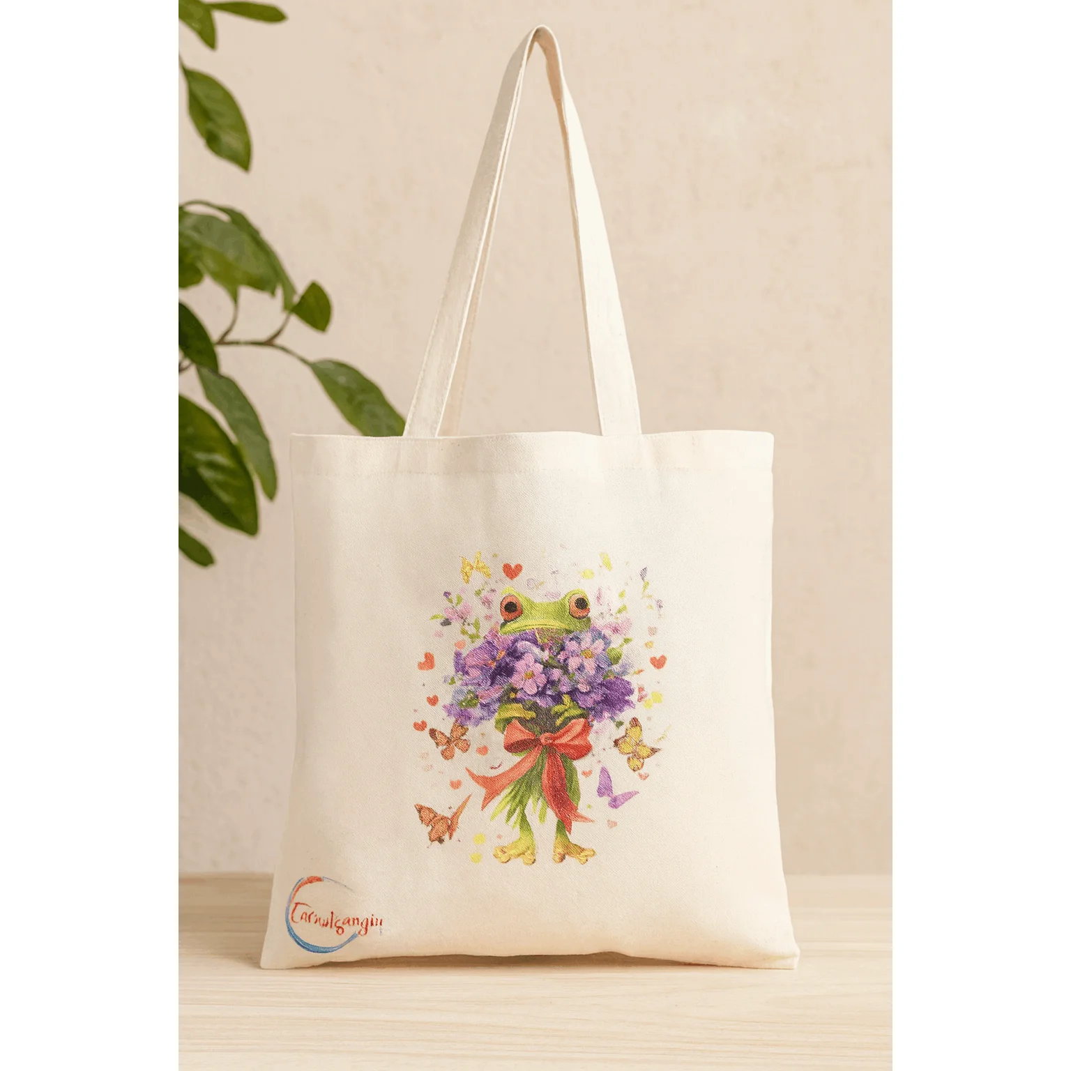 Floral Frog with Heart and Butterfly Accents bag – handmade, Gift Bag with Colorful Bouquet Illustration – TB2215