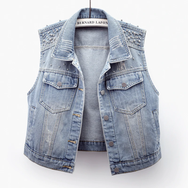 

Лето 2022, новый светло-голубой тонкий короткий джинсовый жилет с бисером и бриллиантами, женский модный ковбойский жилет без рукавов с лацканами, женский