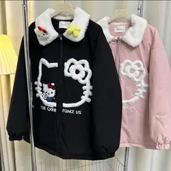 Sanrio Hello Kitty Winter Female Cotton Coat Japanese Style Simple Sweet Thick Warm Cotton Jacket Y2k Girl Versatile Zipper Coat