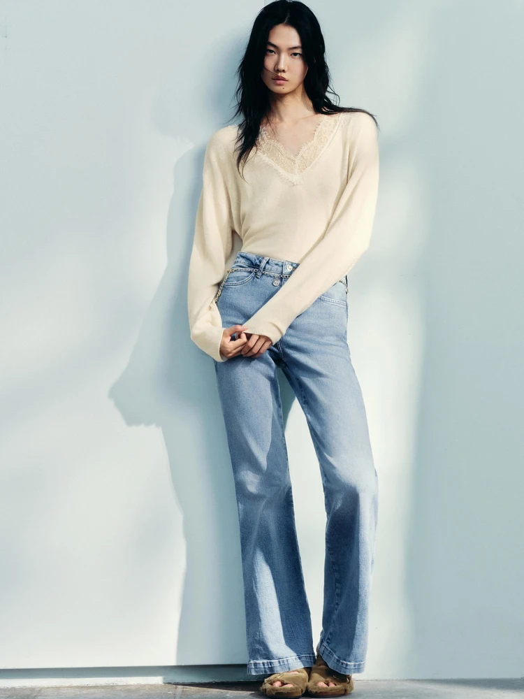 

Spring 2026 Women's Casual Loose Mixed Knit Long Sve Lace Top Slimming V-Ne Pullover Regular Fit Faion Gentle Wind