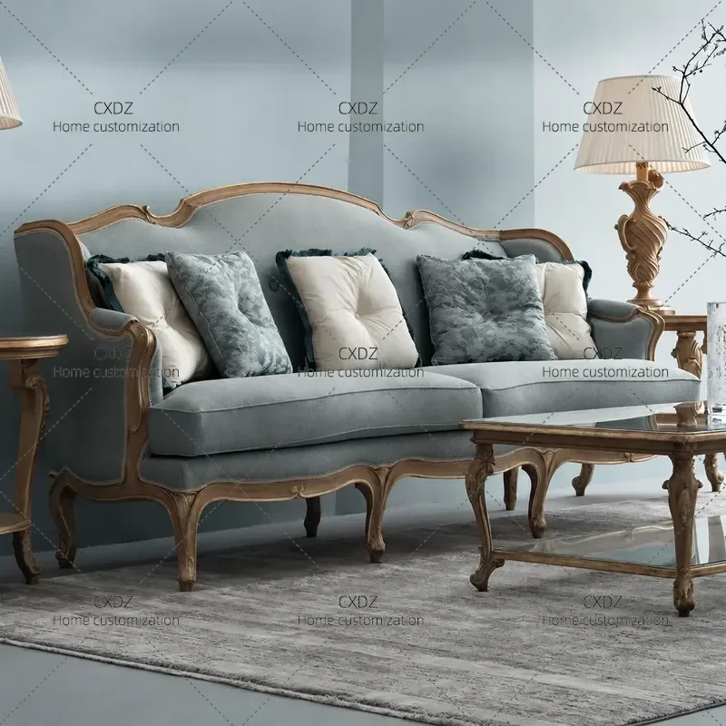 Retro Solid Wood Fabric Three Seater Sofa Simple Double Couch for Small Apartment Living Room Furniture Combination