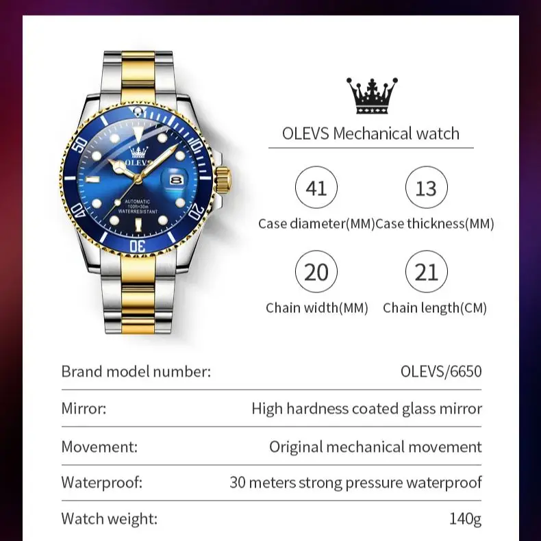 OLEVS Men Automatic Watch Luxury Diving Watch Waterproof Luminous Stainless steel Business Mechanical Watch for Men reloj hombre