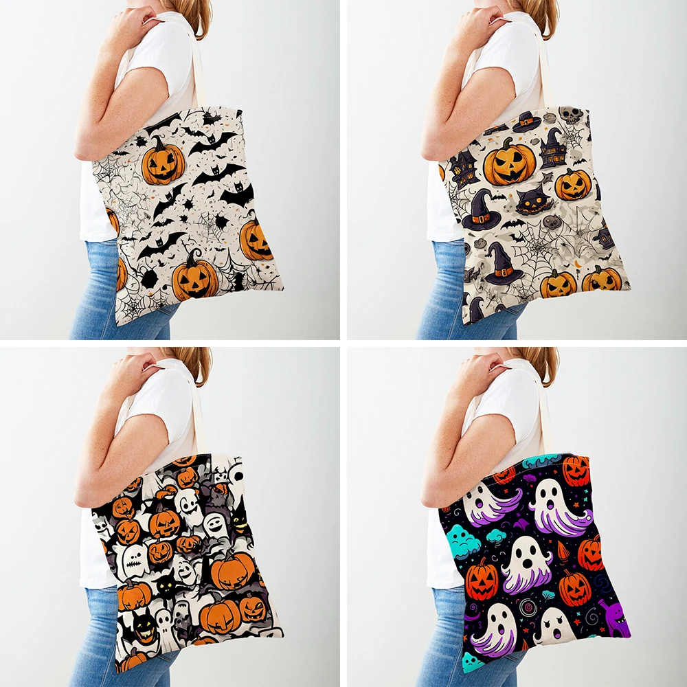 

Hallowmas Women Shopper Bags Tote Mexican Day of the Dead Cartoon Skull Ghost Travel Lady Shoulder Handbag Girl Shopping Bag