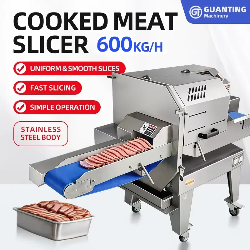 Industrial Full Automatic Cooked Meat Slicing Machine 600kg/h High Capacity Stainless Steel Deli Slicer for Bacon Sausage Ham