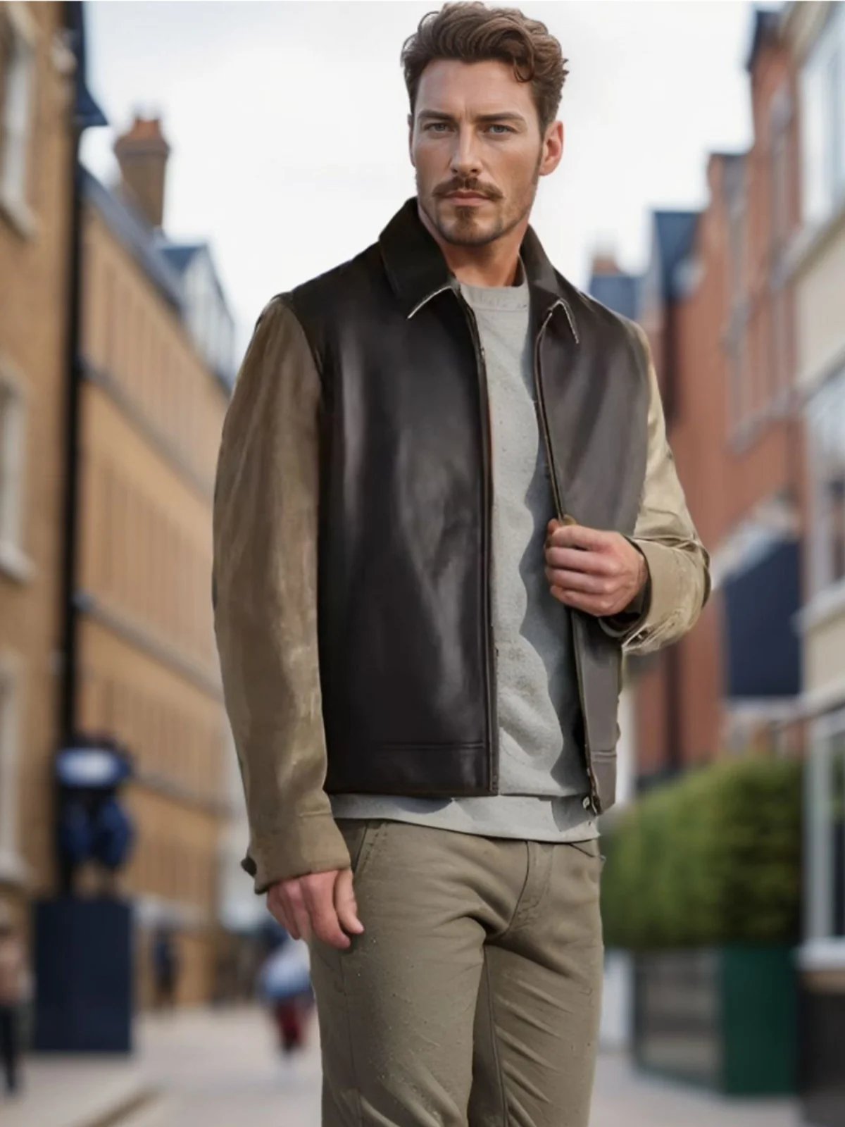 

High-End PU Leather Spliced Baseball orm Jaet Men's Faion Brand Loose Fit Windproof Long Sve Zipper Decoration